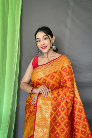 Patola Silk Saree With Gold Zari Woven Contrast Rich Pallu - Orange