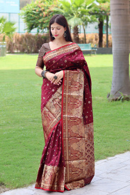 Soft Silk Saree With Gold & Copper Zari Woven With Rich Pallu - Maroon