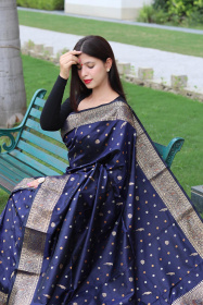 Soft Silk Saree With Gold & Copper Zari Woven With Rich Pallu - Blue