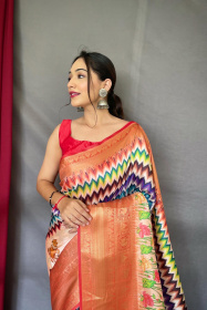 Soft Silk Saree With Ajrakh kalamkari print With Rich Pallu - Multi