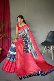 Soft Silk Saree With Ajrakh kalamkari print With Rich Pallu - Blue