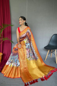 Soft Silk Saree With Ajrakh kalamkari print With Rich Pallu - Brown