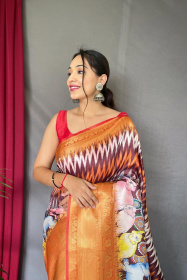 Soft Silk Saree With Ajrakh kalamkari print With Rich Pallu - Brown