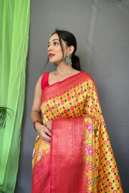 Soft Silk Saree With Ajrakh kalamkari print With Rich Pallu - Yellow