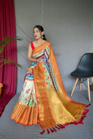 Soft Silk Saree With Ajrakh kalamkari print With Rich Pallu - Multi