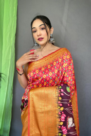 Soft Silk Saree With Ajrakh kalamkari print With Rich Pallu - Red