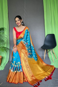 Soft Silk Saree With Ajrakh kalamkari print With Rich Pallu - Blue