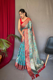 Kanjeevaram Tissue Silk With Meenakari Jaal Woven& Rich Pallu - Blue