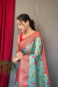 Kanjeevaram Tissue Silk With Meenakari Jaal Woven& Rich Pallu - Blue