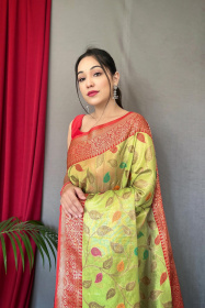 Kanjeevaram Tissue Silk With Meenakari Jaal Woven& Rich Pallu - Green