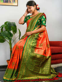 Kanjeevaram Soft Silk Saree With Meenakari Woven & Rich Pallu - Peach