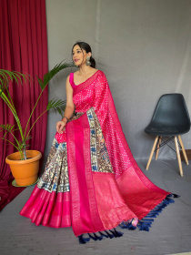 Pure Soft Silk Saree With Bandhej Kalamkari Print & Rich Pallu - Pink