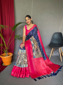 Pure Soft Silk Saree With Bandhej Kalamkari Print & Rich Pallu - Blue