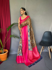 Pure Soft Silk Saree With Bandhej Kalamkari Print & Rich Pallu - Beige