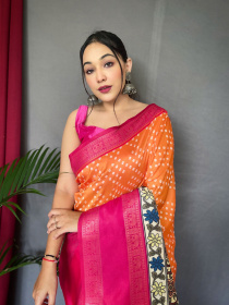 Pure Soft Silk Saree With Bandhej Kalamkari Print & Rich Pallu- Yellow