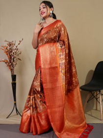 Pure Soft Silk Saree With Floral Kalamkari Print & Rich Pallu- Brown