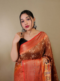 Pure Soft Silk Saree With Floral Kalamkari Print & Rich Pallu- Brown