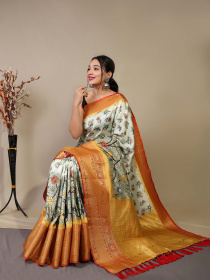 Pure Soft Silk Saree With Floral Kalamkari Print & Rich Pallu- Cream