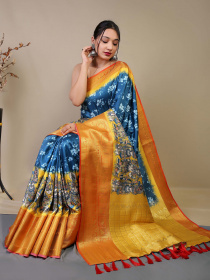 Pure Soft Silk Saree With Floral Kalamkari Print & Rich Pallu- Blue