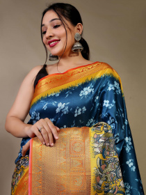 Pure Soft Silk Saree With Floral Kalamkari Print & Rich Pallu- Blue