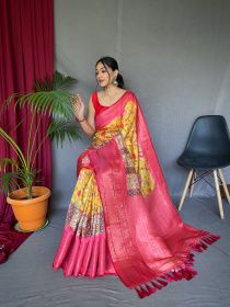 Pure Soft Silk Saree With Floral Kalamkari Print & Rich Pallu- Yellow