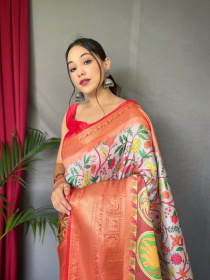 Pure Soft Silk Saree With Floral Kalamkari Print & Rich Pallu- Multi