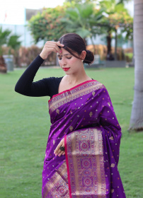 Beautiful Soft Silk Saree With Gold Zari Woven & Rich Pallu - Purple