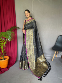 Soft Silk Saree With Checks Gold Zari Woven & Rich Pallu - Black