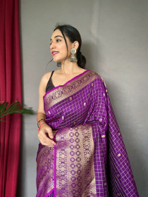 Soft Silk Saree With Checks Gold Zari Woven & Rich Pallu - Purple
