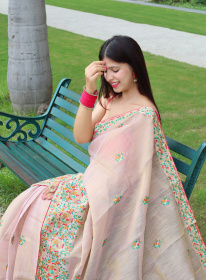 Tissue Silk Saree With Kashmiri Embroidery & Rich Pallu - Pink