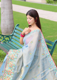 Tissue Silk Saree With Kashmiri Embroidery & Rich Pallu - Blue