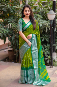Soft Jute Silk Saree with Bandhej Print & Brasso border - Green
