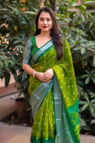 Soft Jute Silk Saree with Bandhej Print & Brasso border - Green