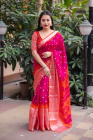 Soft Jute Silk Saree with Bandhej Print & Brasso border - Pink