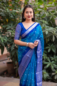 Soft Jute Silk Saree with Bandhej Print & Brasso border - Blue