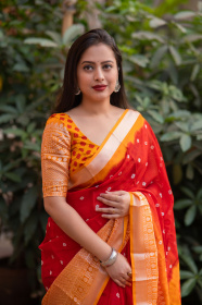 Soft Jute Silk Saree with Bandhej Print & Brasso border - Red
