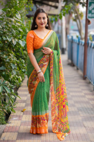 Beautiful Soft Chiffon Saree With Bandhni & Kalamkari Print - Green