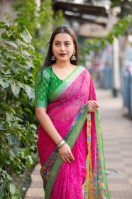 Beautiful Soft Chiffon Saree With Bandhni & Kalamkari Print - Pink