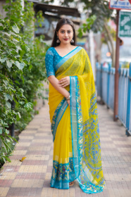 Beautiful Soft Chiffon Saree With Bandhni & Kalamkari Print - Yellow