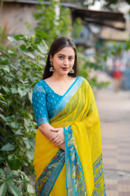 Beautiful Soft Chiffon Saree With Bandhni & Kalamkari Print - Yellow