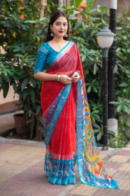 Beautiful Soft Chiffon Saree With Bandhni & Kalamkari Print - Red