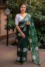 Soft Organza Designer saree with White Thread EmbroideryWork- Green