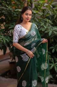 Soft Organza Designer saree with White Thread EmbroideryWork- Green