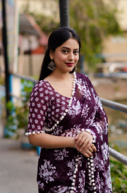 Pure Soft georgette Printed saree with aari mirror Work - Purple