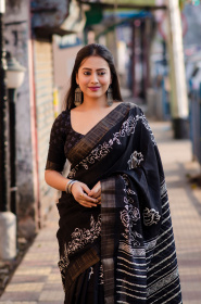 Beautiful Soft Silk Saree With Zari Woven & Batik Print - Black