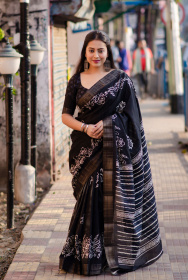 Beautiful Soft Silk Saree With Zari Woven & Batik Print - Black