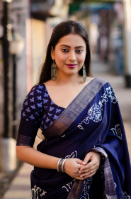 Beautiful Soft Silk Saree With Zari Woven & Batik Print - Blue