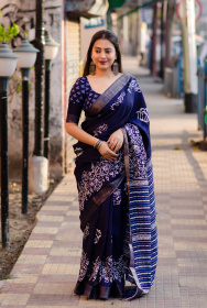 Beautiful Soft Silk Saree With Zari Woven & Batik Print - Blue