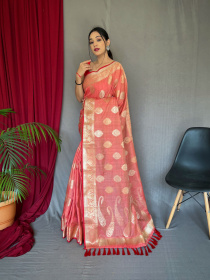 Pure Soft Cotton Saree with Gold Zari Woven & Rich Pallu - Pink