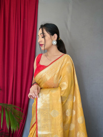 Pure Soft Cotton Saree with Gold Zari Woven & Rich Pallu - Yellow